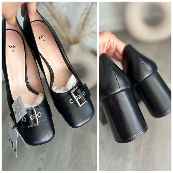 Zara Buckled Leather Shoes Heels New - Picture 7 of 8